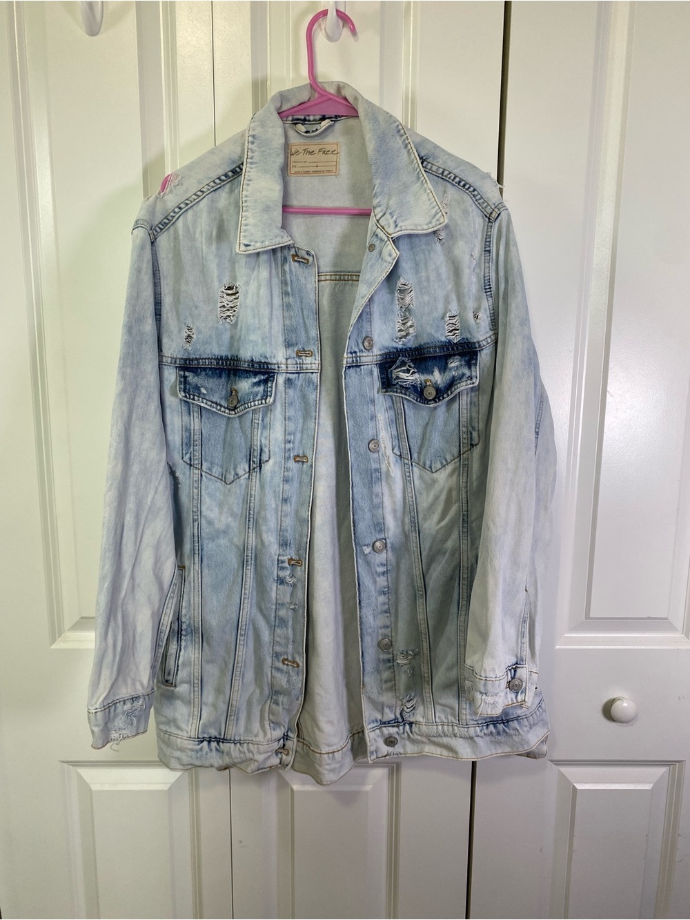 Free People We The Free Light Blue Distressed Longline Denim Jacket